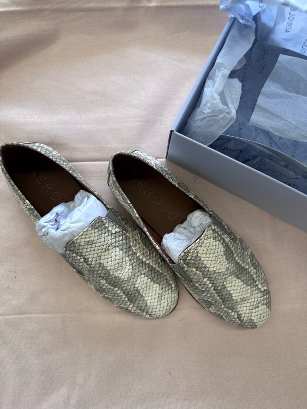 AEROSOLES Women's Snake-Print Slip-On Loafers in Beige and Cream